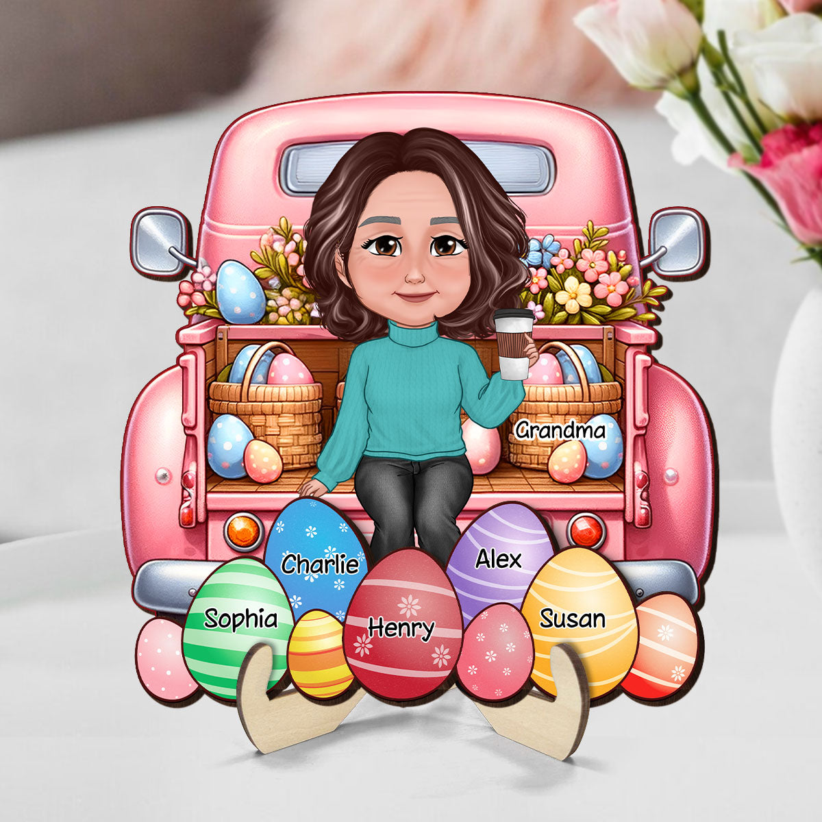 Easter Mom Grandma Sitting On Truck Eggs Grandkids Names Personalized 2-Layer Wooden Plaque