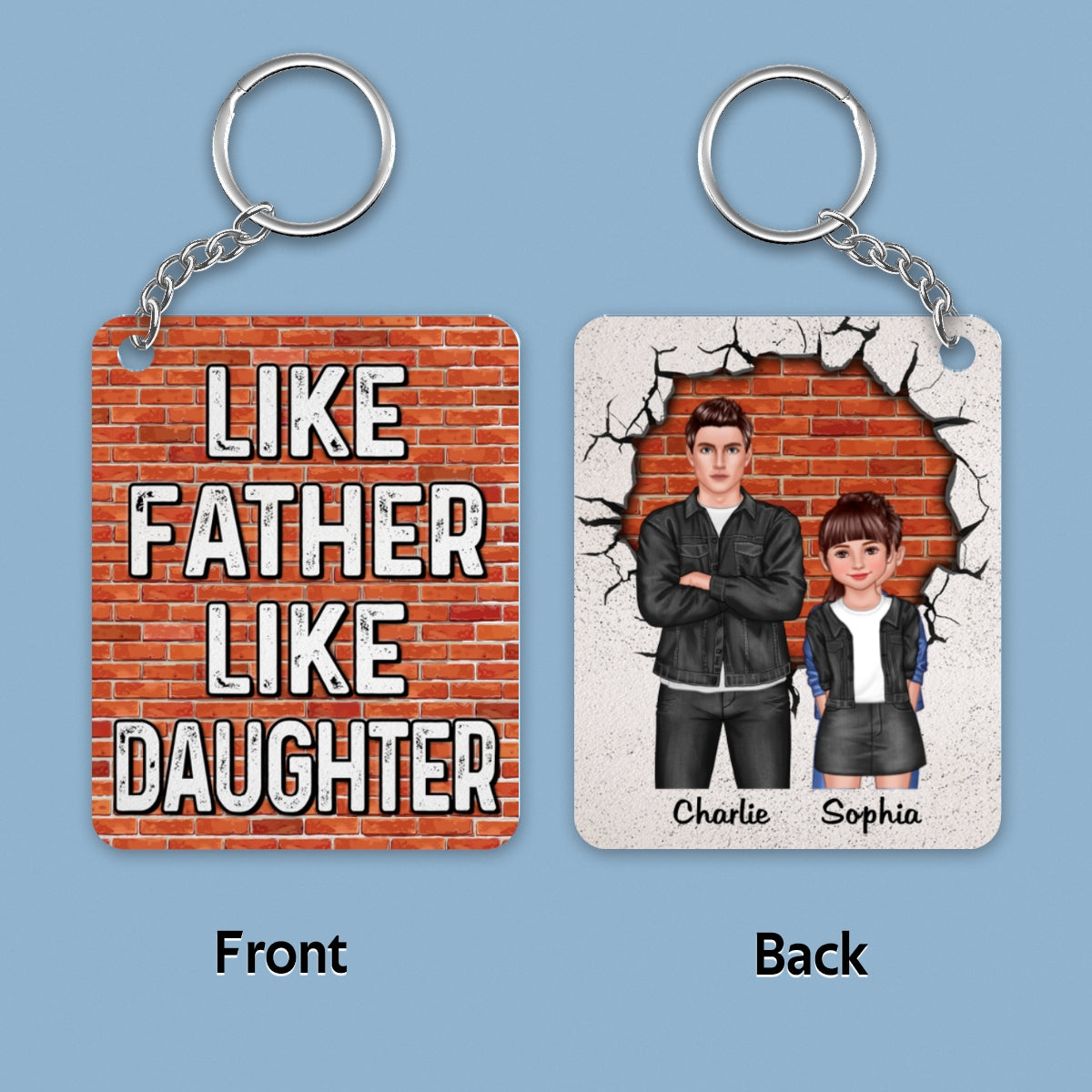 Like Father Like Daughters Like Sons Dad And Kids Standing Front View Personalized Acrylic Keychain