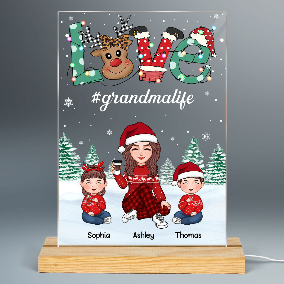 Grandma And Kids Christmas Reindeer LOVE Personalized Acrylic Rectangle LED Night Light