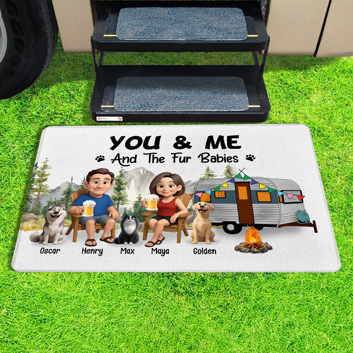 You Me And the Dogs Cats Camping Couple Personalized Doormat, Anniversary, Vacation Gift For Campers
