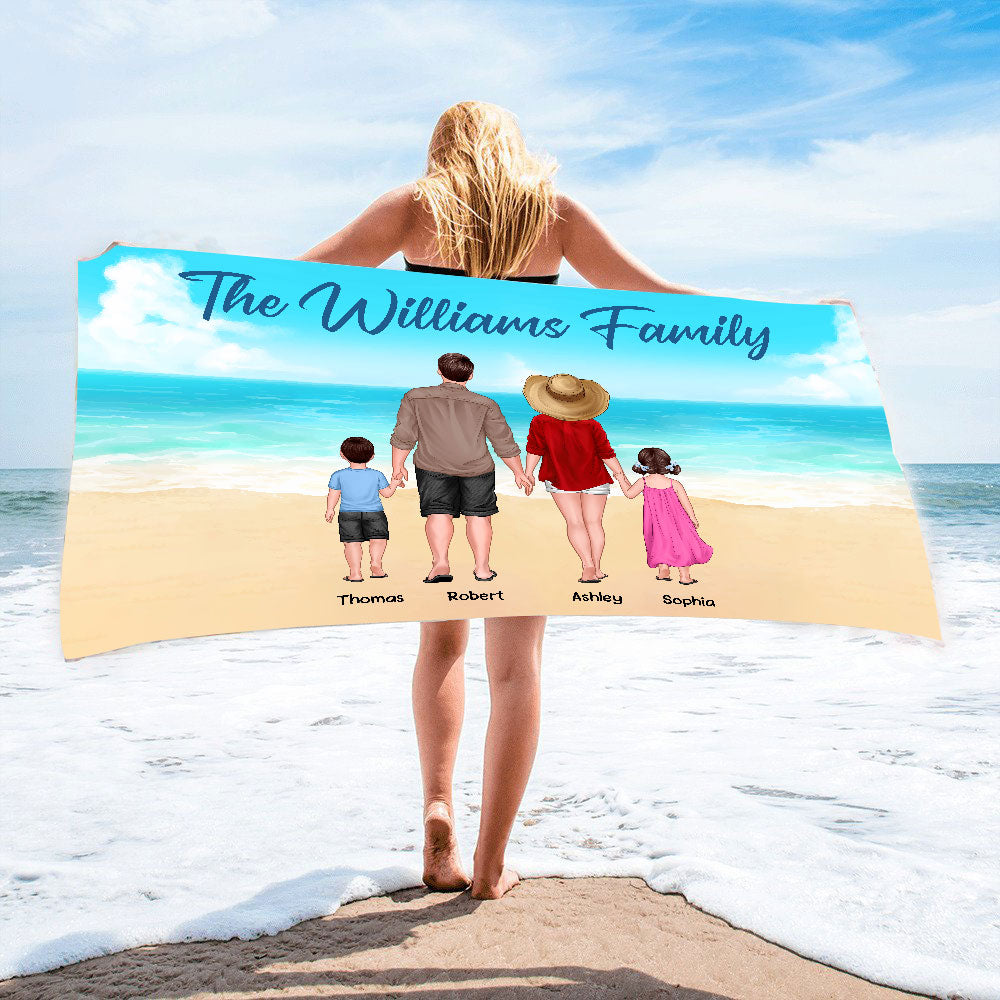 Summer Family Walking Back View Personalized Horizontal Beach Towel