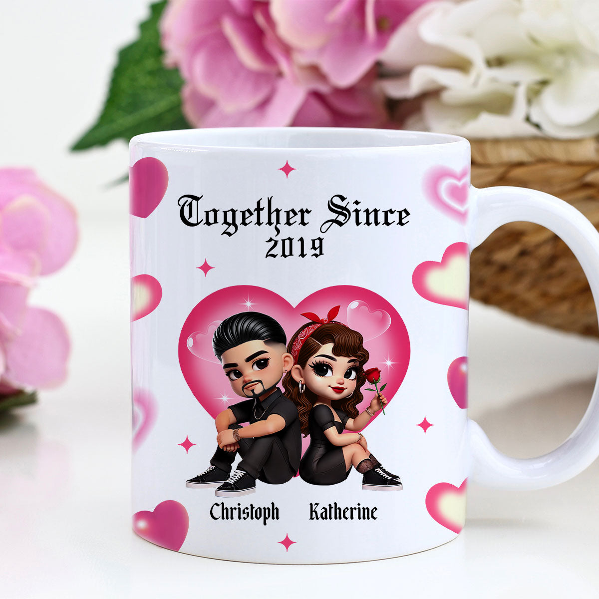 Pretty Couple Roses Heart Together Since Personalized AOP Mug,  Gift, Anniversary Gift for Couples