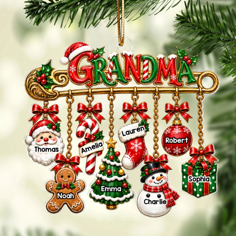 Grandma Safety Pin Christmas Charm - Personalized Acrylic Ornament - Trendy Christmas Gift for Grandma