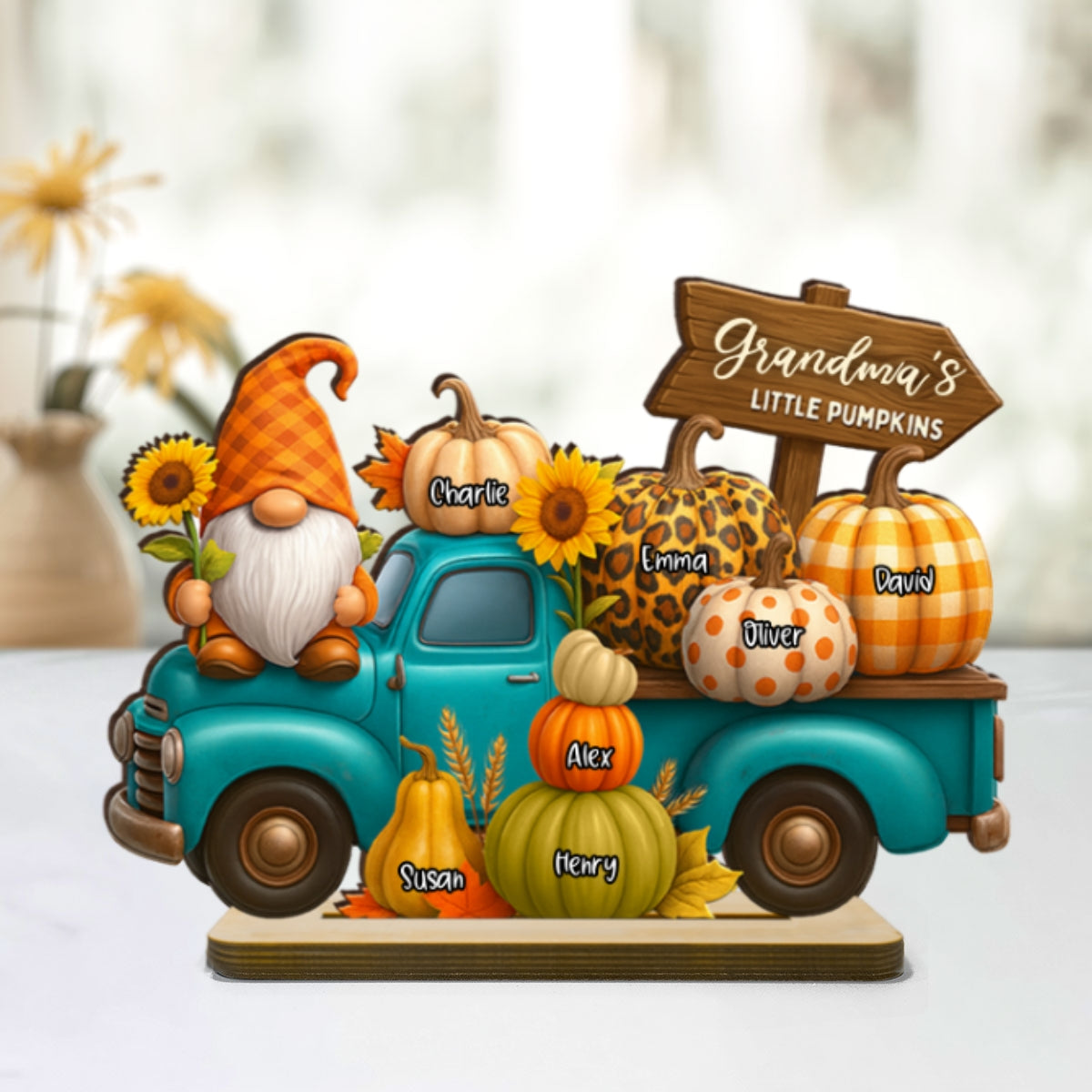 Fall Gnomes Truck Grandma's Pumpkin Personalized Standing Wooden Plaque, Cozy Fall Decor for Grandma