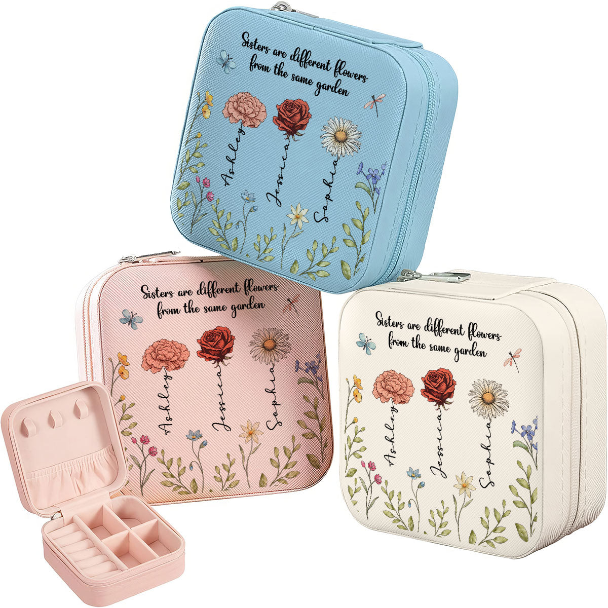Sisters Are Different Flowers From The Same Garden Personalized Portable Jewelry Box, Birthday Gift For Sisters, Siblings, Besties or Just Because
