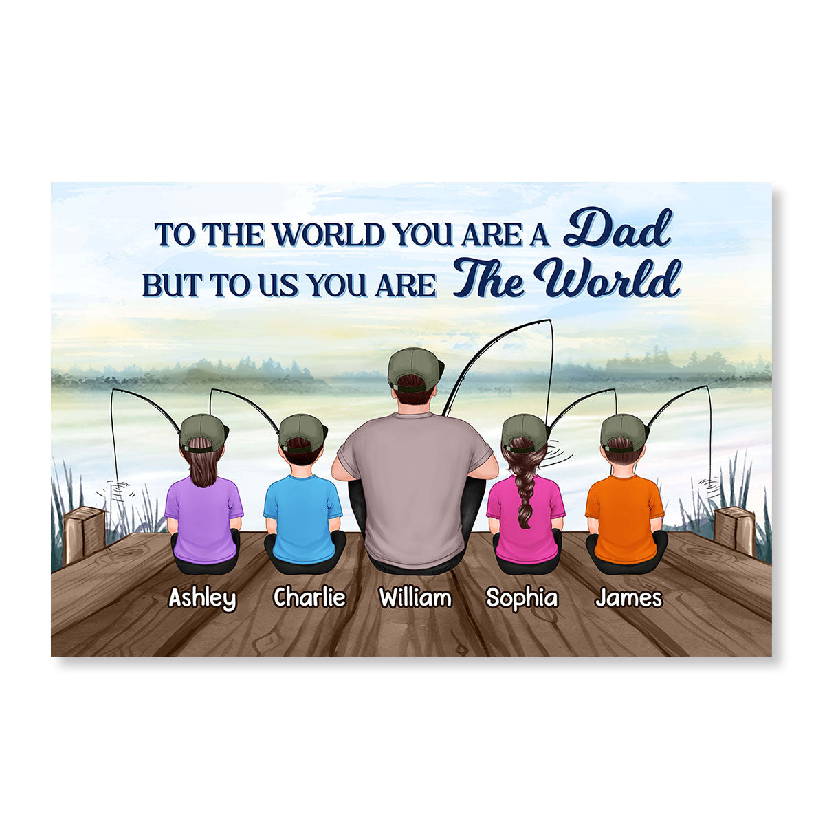 Fishing Back View Dad And Kids Sitting Personalized Horizontal Poster| Heartfelt Father's Day Gift For Dad