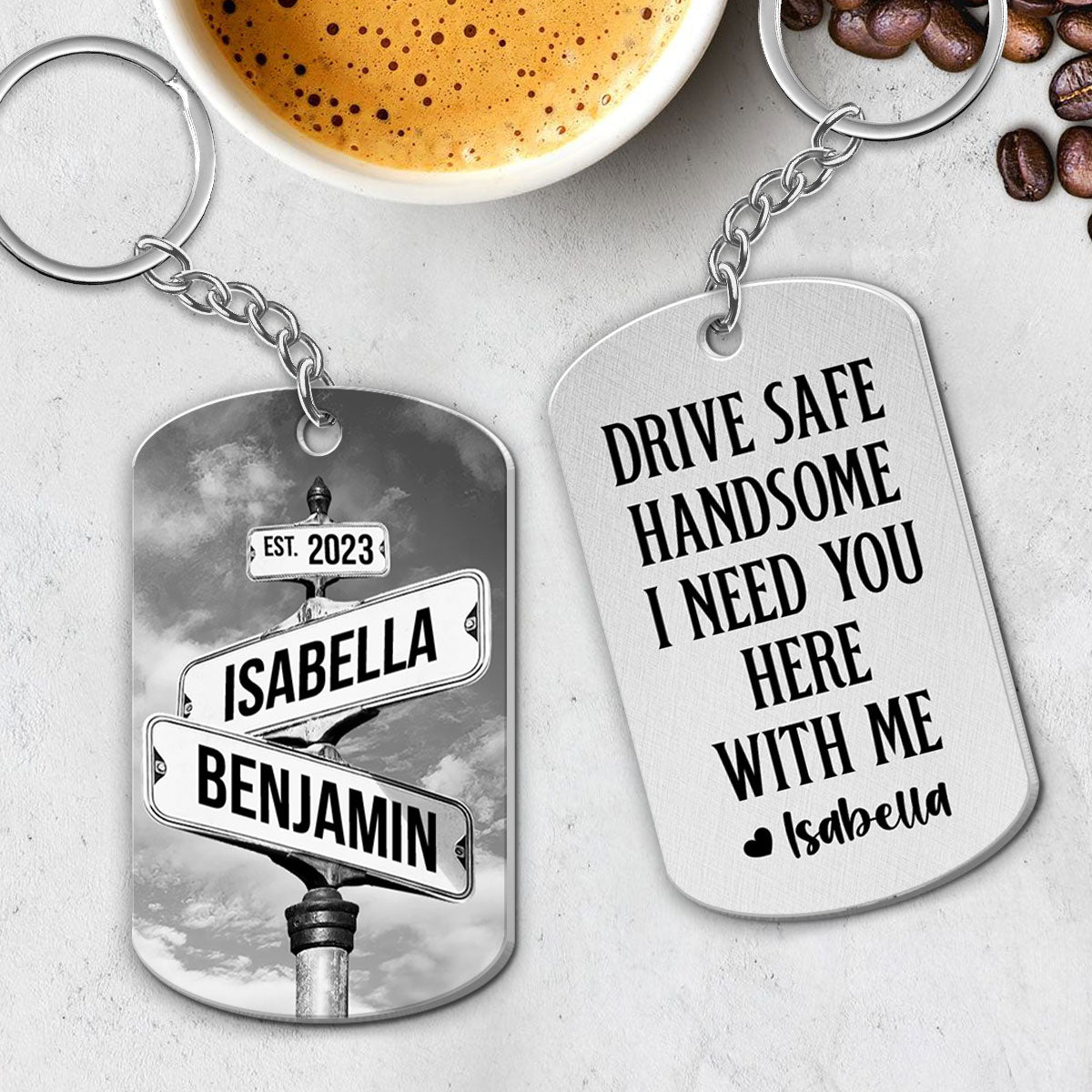 Drive Safe I Need You Vintage Crossroads Street Sign Personalized Metal Keychain, Anniversary  Gift For Him, Boyfriend, Husband