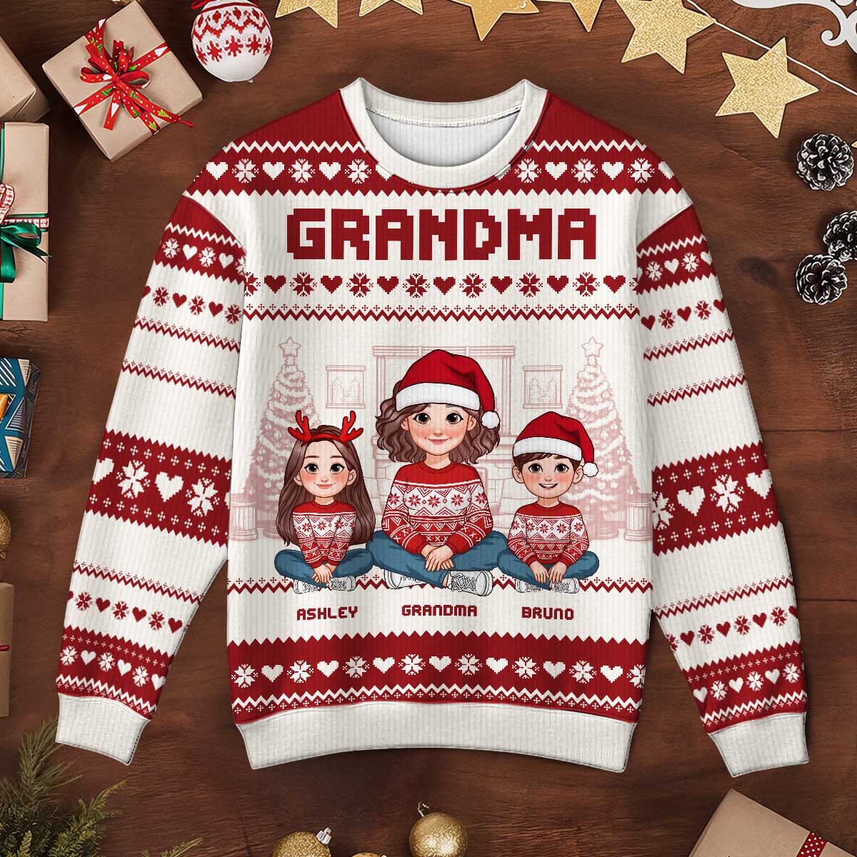 Animated Grandma Grandkids Christmas Personalized Faux Knitting Ugly Sweater