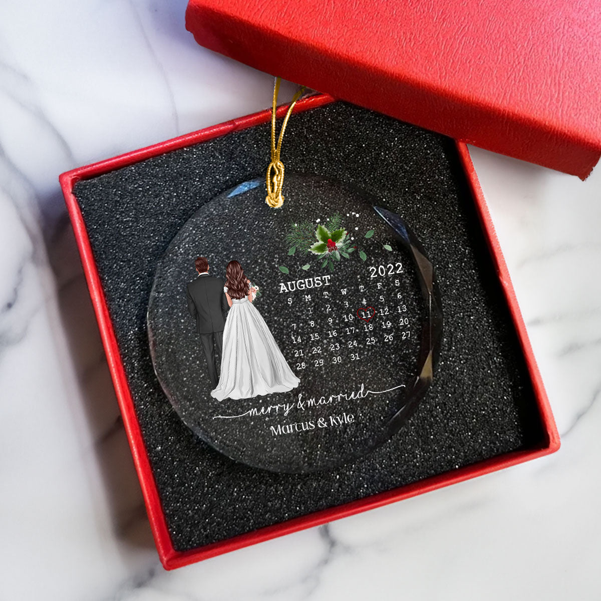 Merry And Married First Christmas Couple Calendar Personalized Christmas Glass Ornament, Anniversary Gift, Newlywed Gift, Wedding Gift