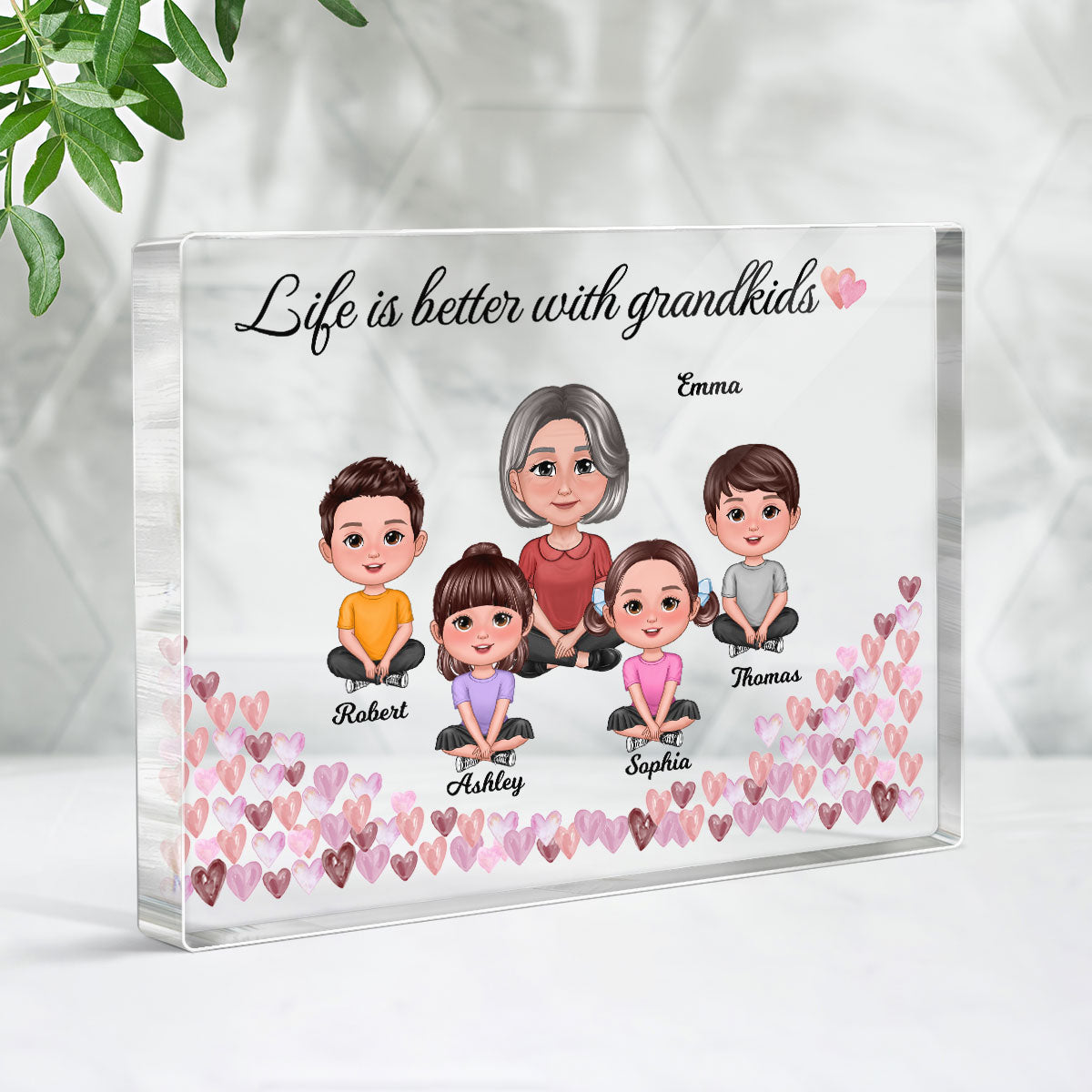 Pretty Doll Grandma Grandkids Watercolor Pink Hearts Personalized Rectangle Acrylic Block Plaque