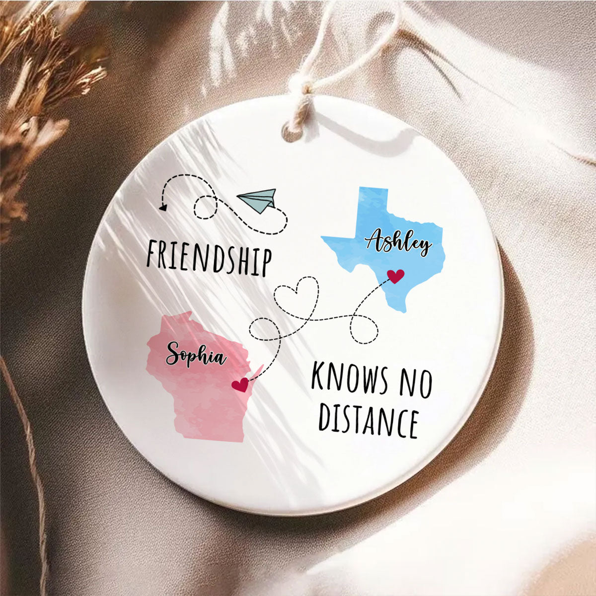 Friendship Sisters Family Love Knows No Distance Personalized Circle Ceramic Ornament, Long Distance State To State Togetherness Gift