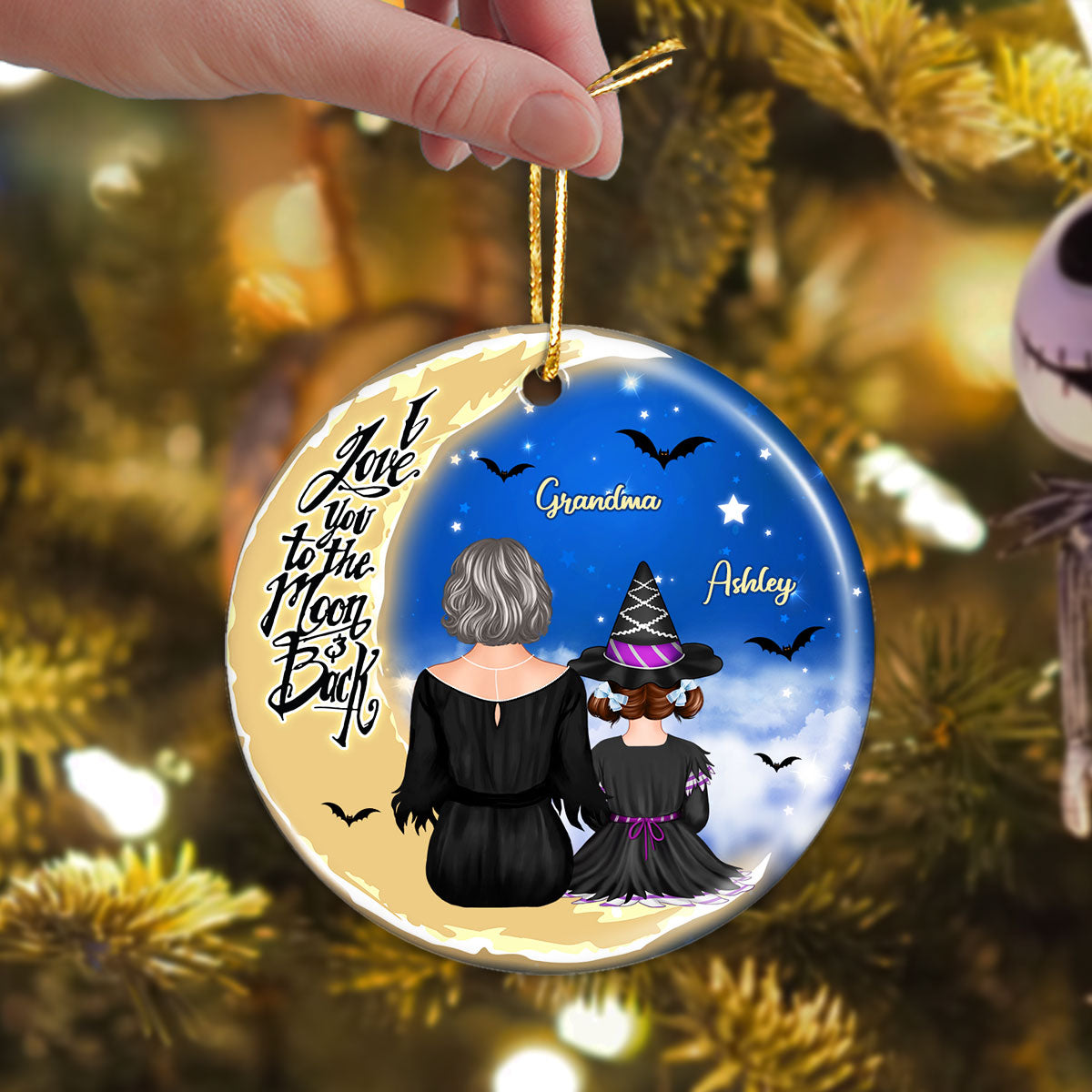 Grandma Grandkids On Moon Back View Halloween Personalized Circle Ornament