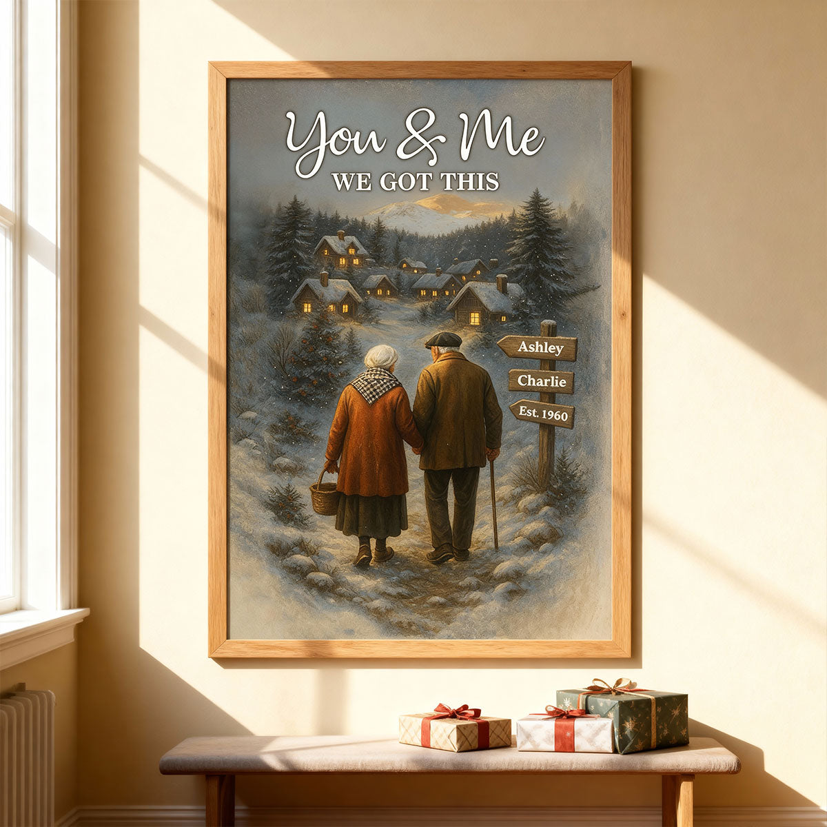 Old Couple Walking in Winter Scene - Personalized Poster - Heartwarming Christmas Gift for him, Gift for her