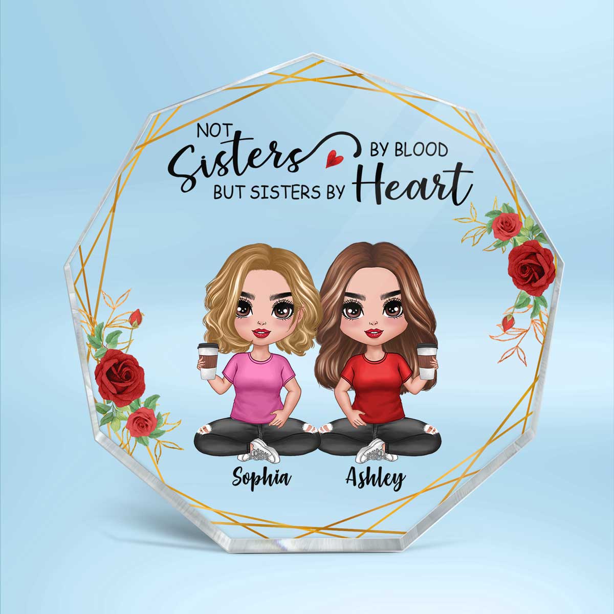 Doll Besties Sitting Floral Gift For Best Friends Personalized Nonagon Acrylic Plaque