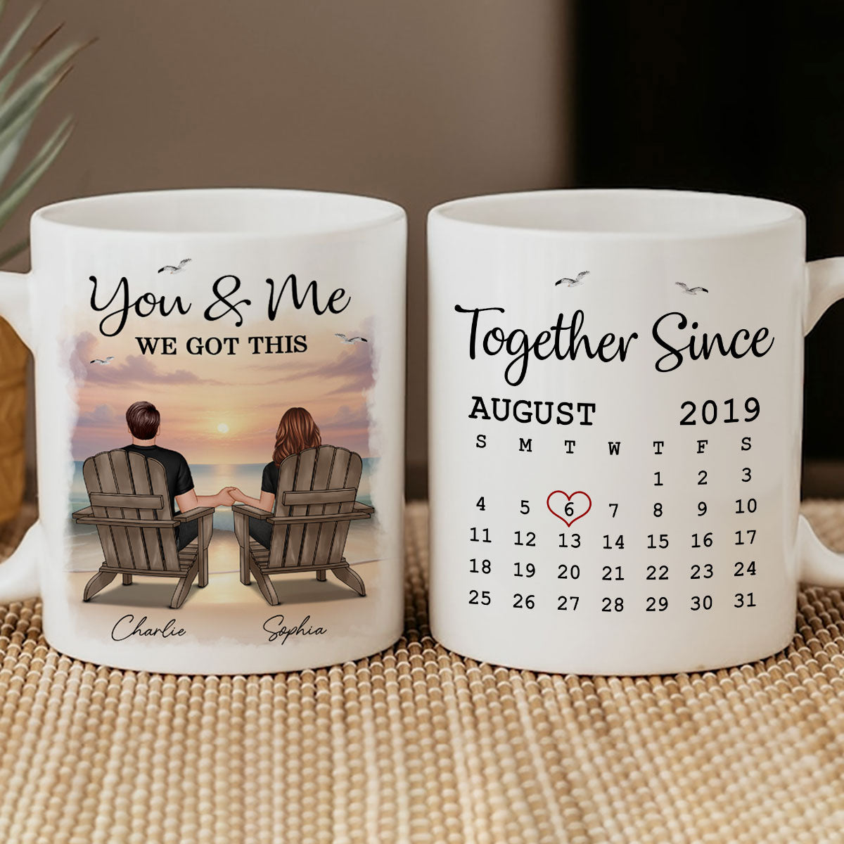Eternal Sunset Beach Couple Back View Anniversary Calendar Personalized Mug,  Gift, Anniversary Gift For Him, For Her