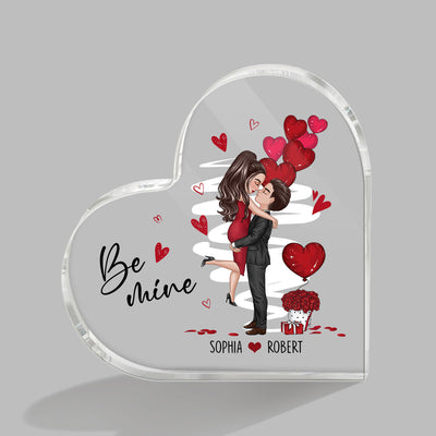 Be Mine Doll Couple Kissing Personalized Heart Shaped Acrylic Plaque - Gift For Him Gift For Her