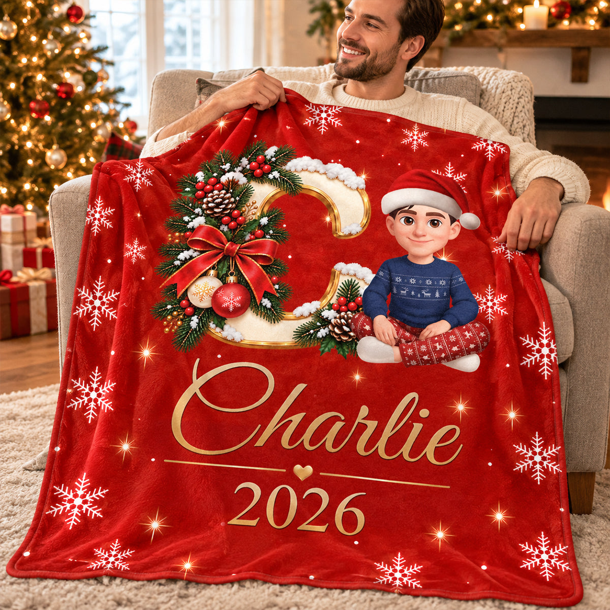Custom Name Initial Letter - Personalized Fleece Blanket - Christmas Gift for Daughter, Son, Grandkids