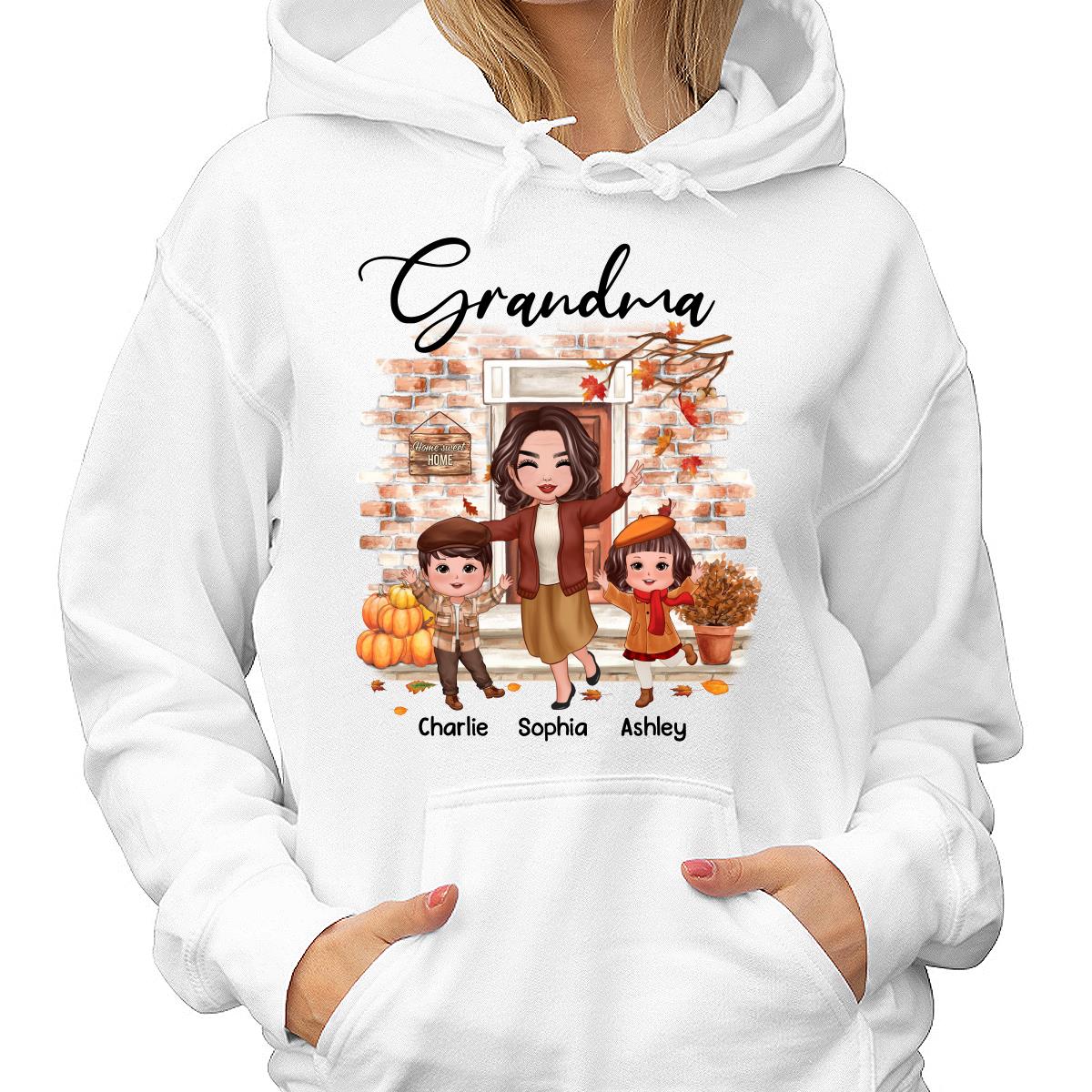 Fall Season Happy Doll Grandma And Grandkids At Front Door Personalized Shirt
