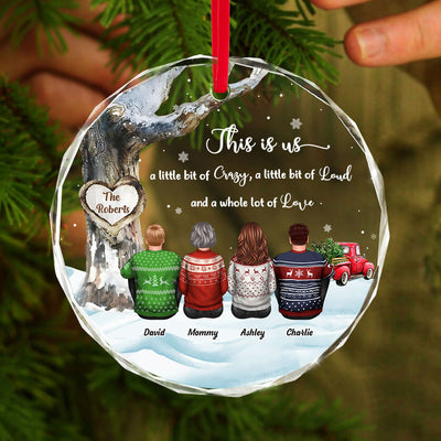 Family Sitting Back View Under Tree Red Truck Winter Personalized Glass Ornament
