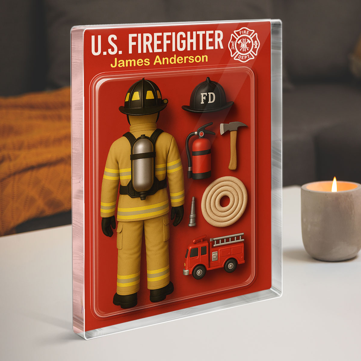 3D Effect Back View Firefighter Custom Figure Personalized Flat Rectangle Acrylic Block