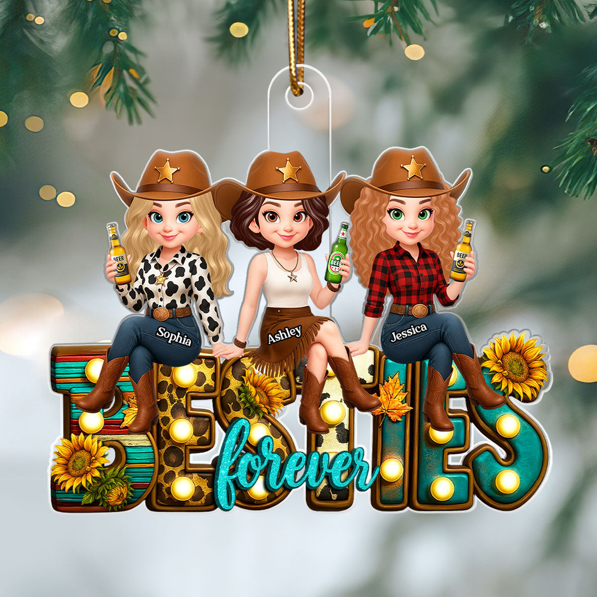 Western Besties Sitting Personalized Acrylic Ornament, Fall Gift for Best Friends
