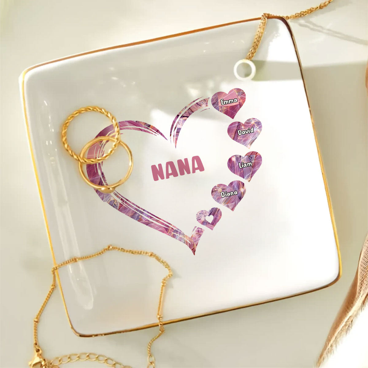 Grandma Mom Hearts Marble Patterned Personalized Jewelry Dish, Birthday Gift for Grandma, Christmas Gift