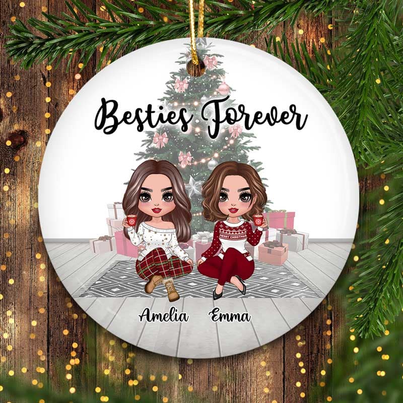Christmas Tree Background Besties Sisters Personalized Circle Ornament