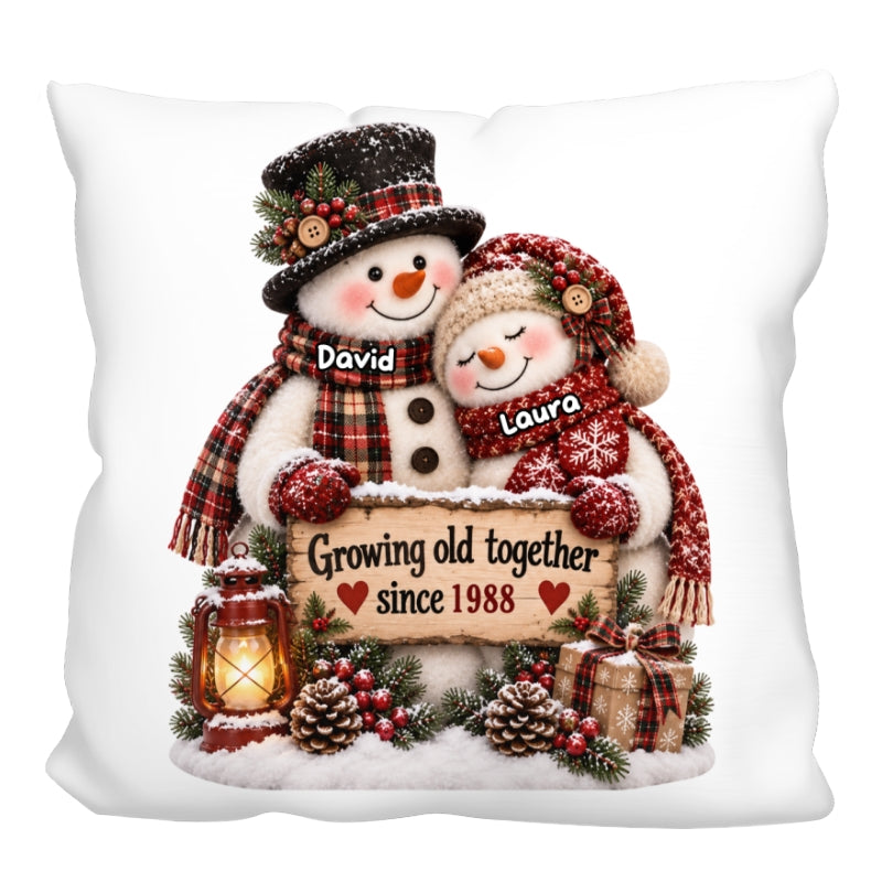 Snowman Couple Hugging Growing Old Together - Personalized Pillow - Heartfelt Christmas Gift for Her, for Him