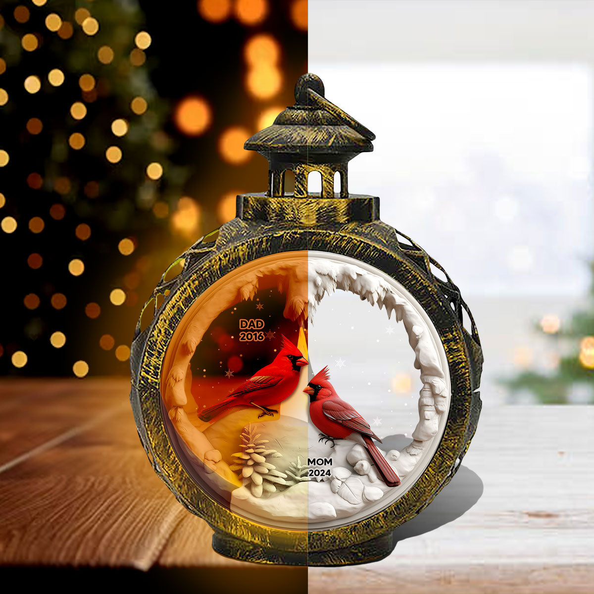 Cardinals In Winter Cave Christmas Personalized Lantern Ornament, Remembrance Gift, Sympathy Gift