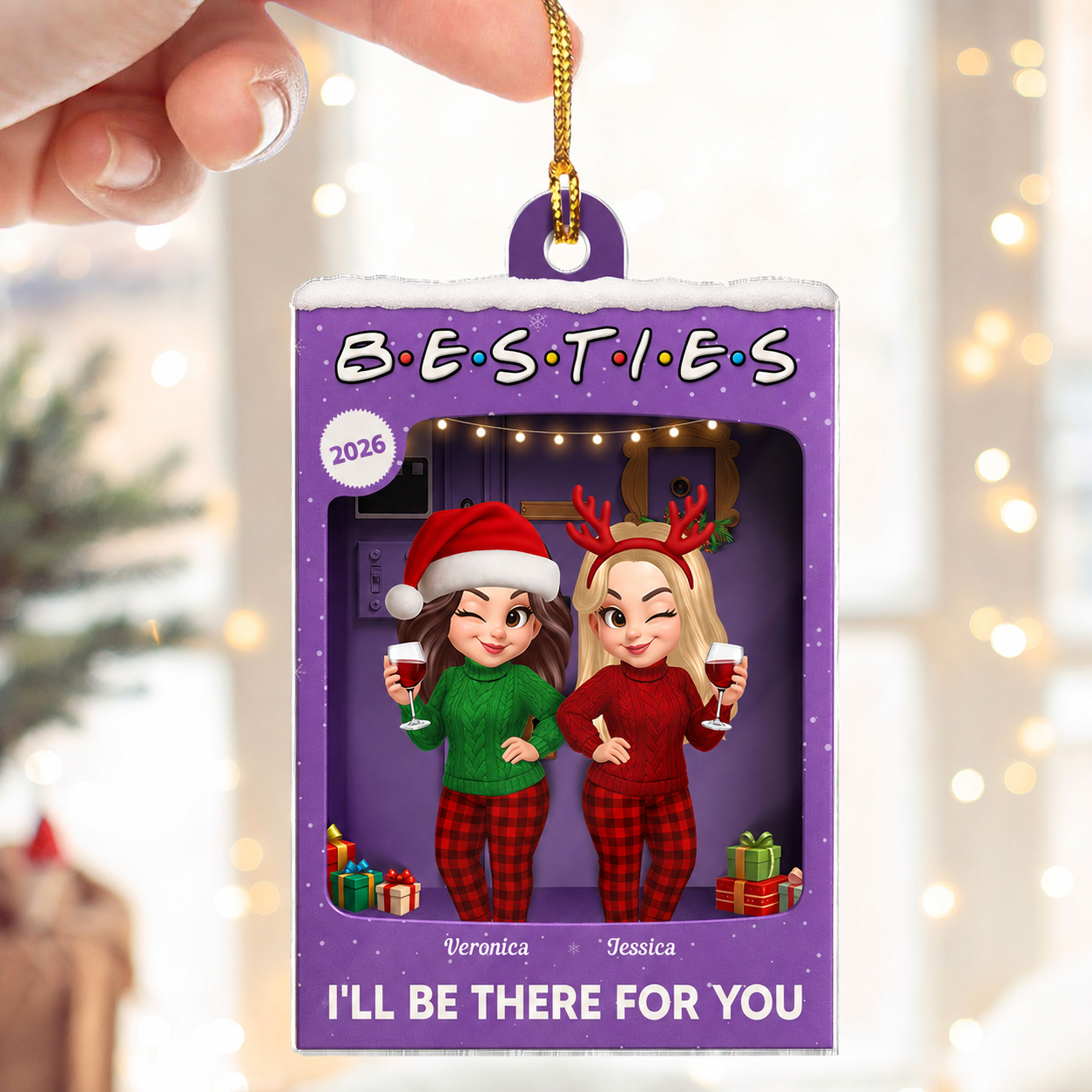 3D Effect Pretty Girl Best Friends Purple Toy Box Style - Personalized Acrylic Ornament - Christmas Gift For Besties
