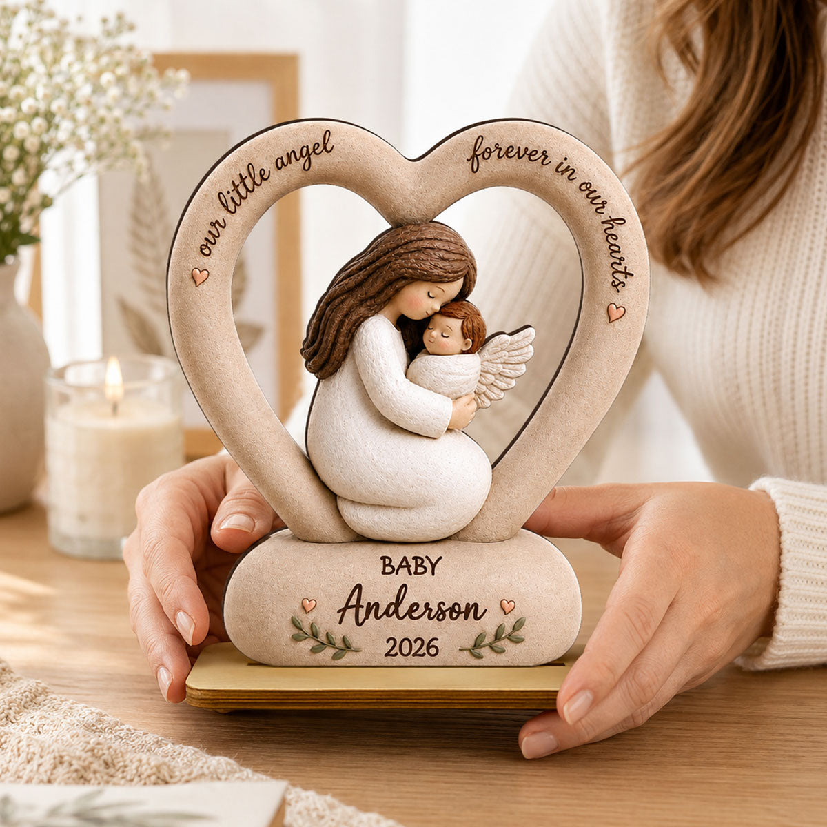 Our Little Angel Forever In Our Hearts - Personalized 2-Layered Wooden Plaque - Memorial Gift