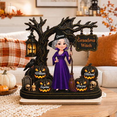 Grandma Witch With Grandkids Jack-O’-Lanterns - Personalized Wooden Plaque - Spooky Halloween Gift For Grandma