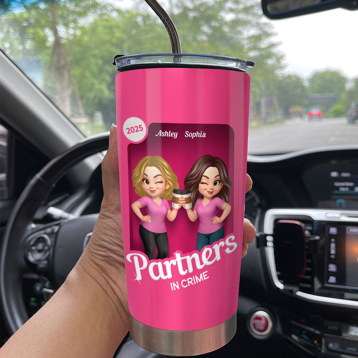 Besties Partner In Crime Pink 3D Effect Action Figure - Personalized Tumbler