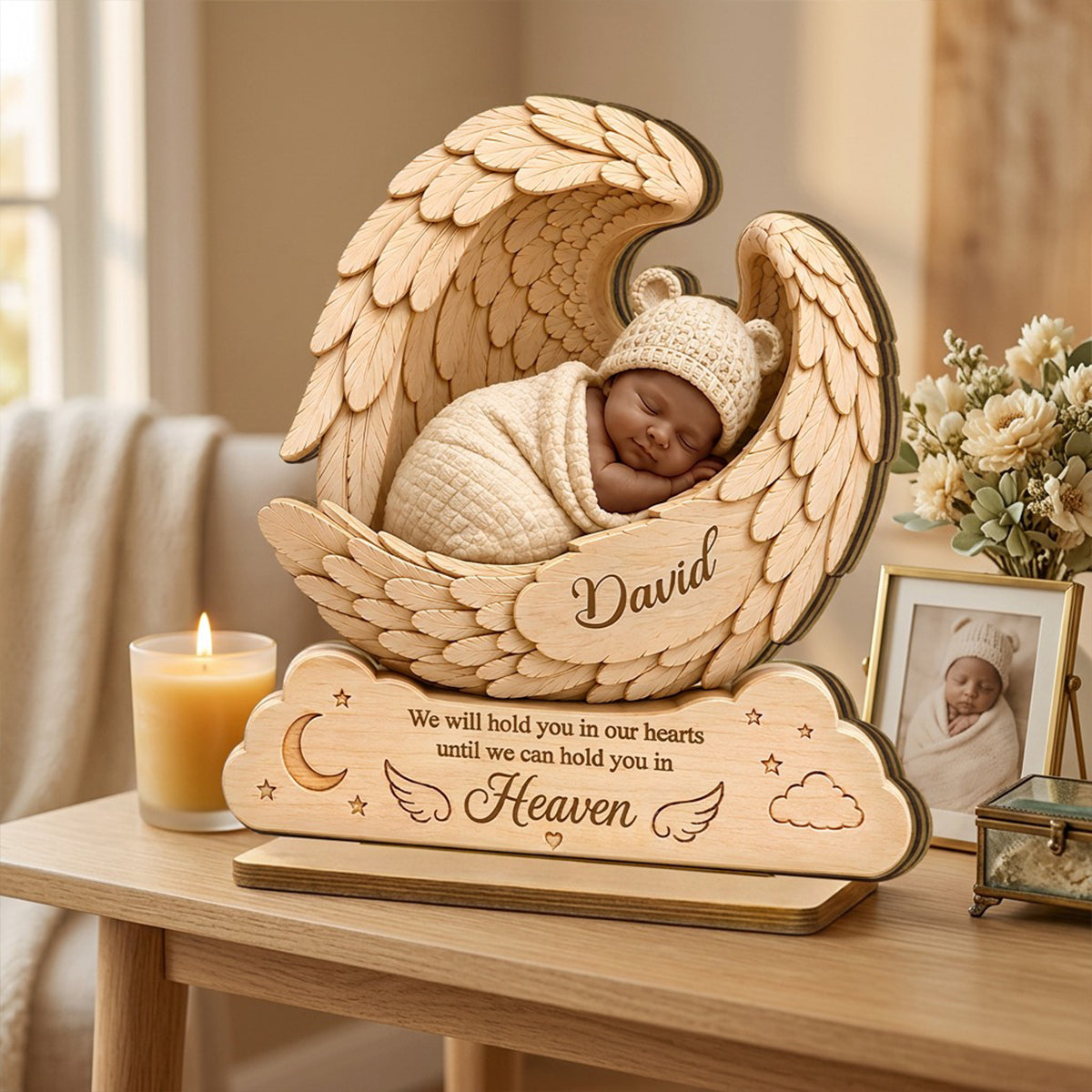 We Will Hold you in Our Hearts - Personalized 2-Layered Wooden Plaque - Custom Infant Loss Gift, Miscarriage Baby Awareness Keepsake