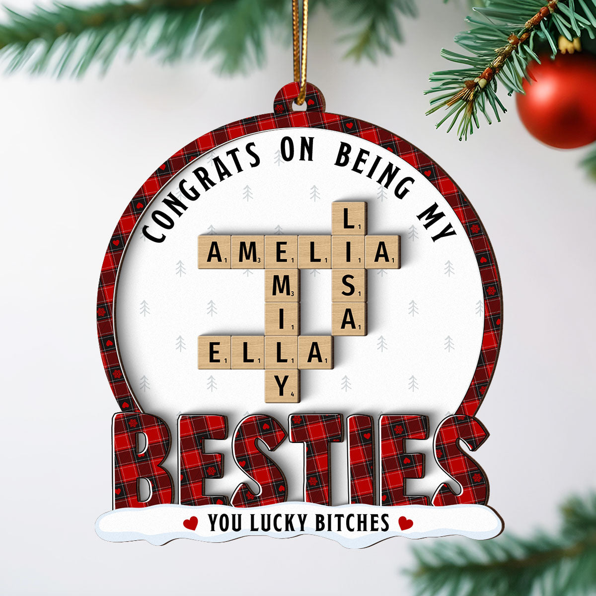 Congrats On Being My Besties Sisters Crossword Puzzle Art Personalized 2-Layer Wooden Ornament, Unique Christmas Gift For Besties Sisters