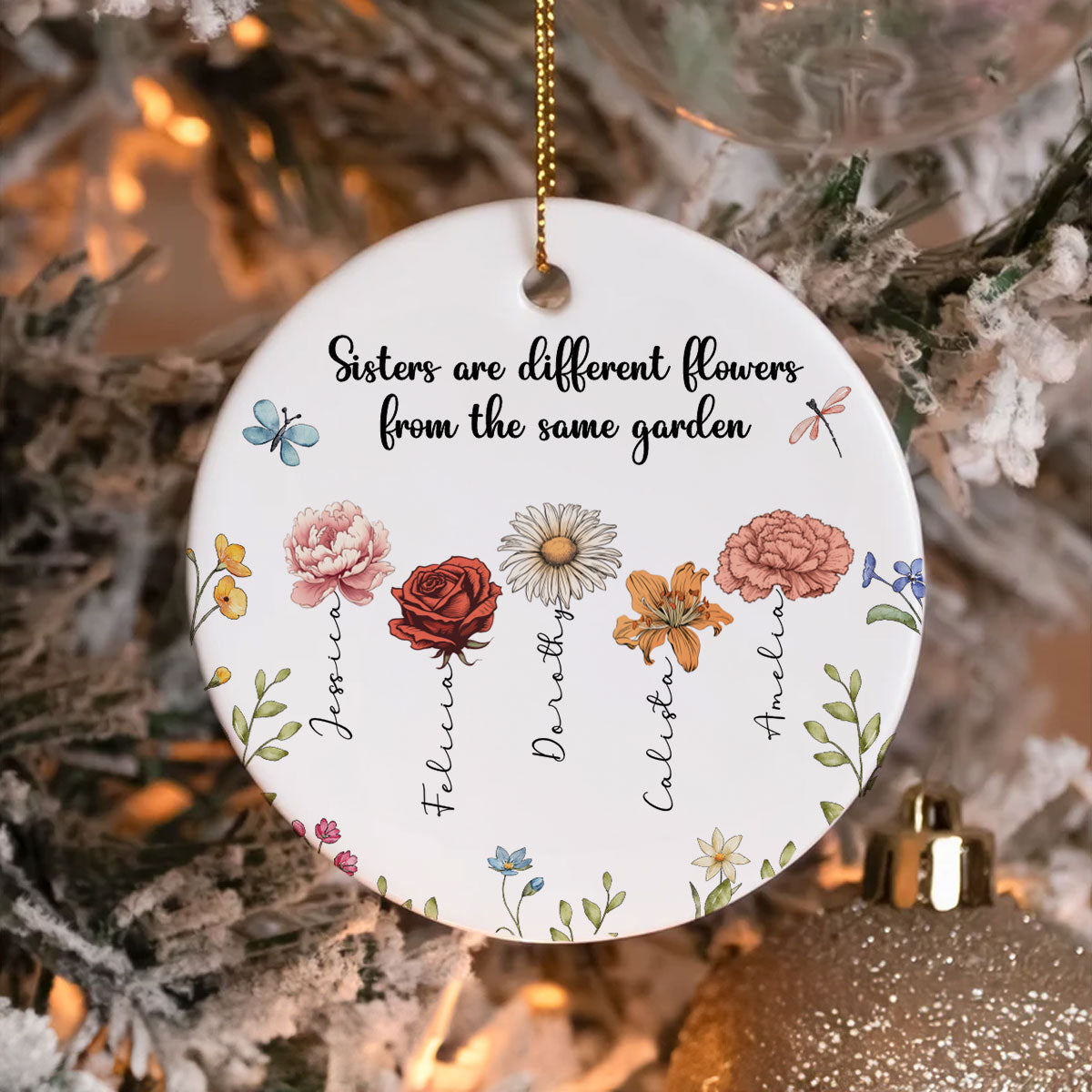 Sisters Are Different Flowers From The Same Garden Personalized Ceramic Ornament, Christmas Gift For Sisters, Siblings, Besties