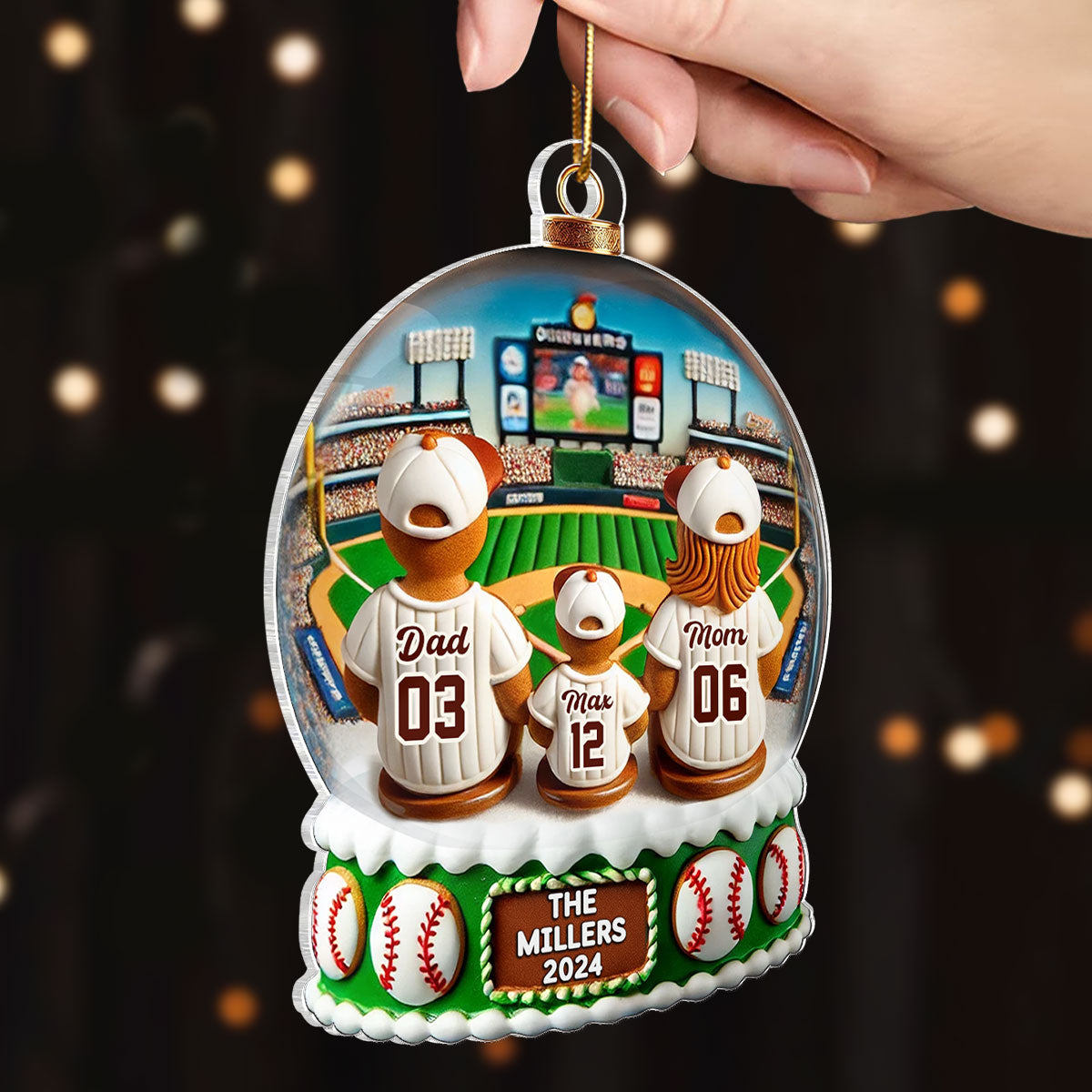 Gingerbread Baseball Family Watching Game Sport Lover 3D Effect Personalized Acrylic Ornament