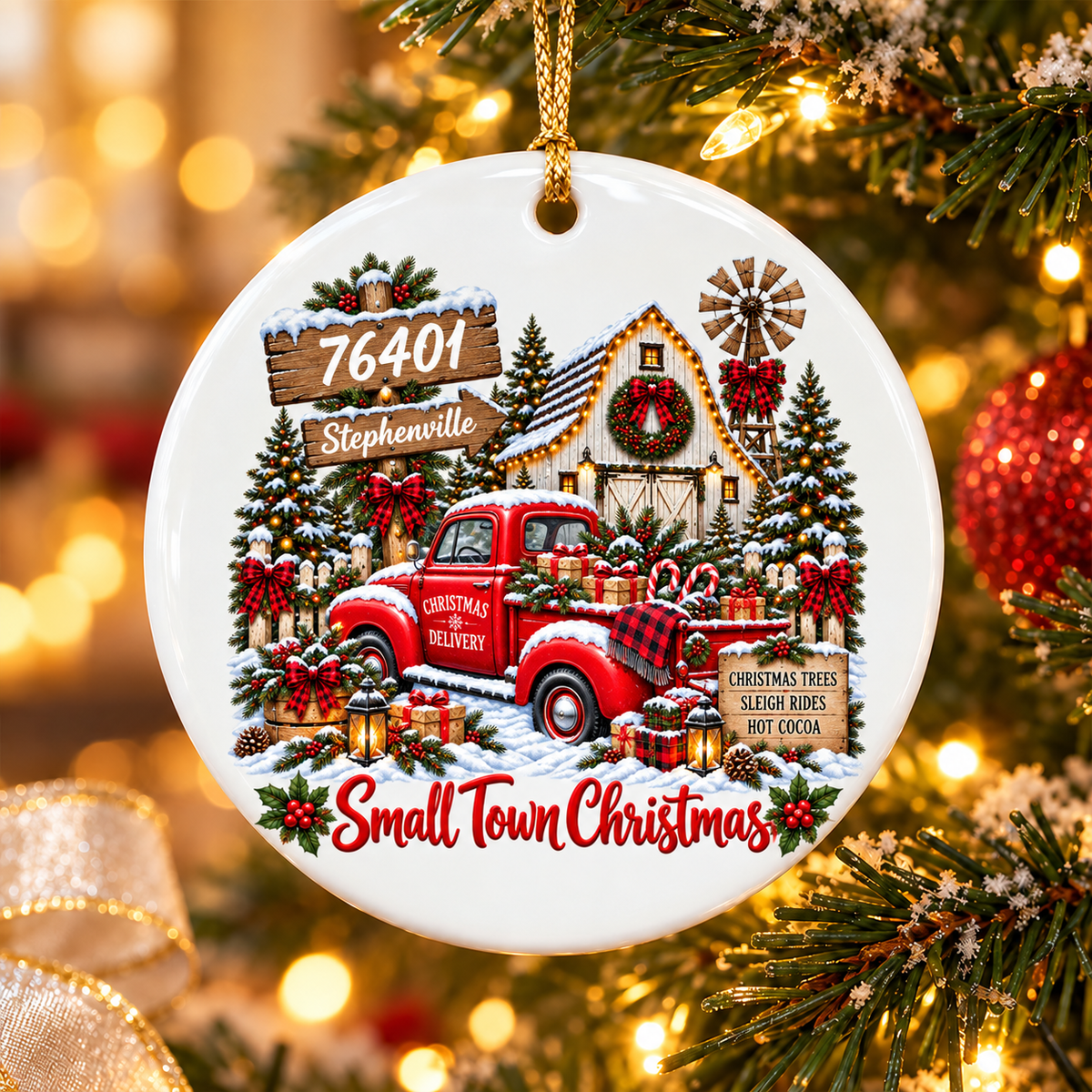 Custom Zip Code Small Town Christmas - Personalized Ceramic Ornament - Trendy Christmas Holiday Tee, Town Pride