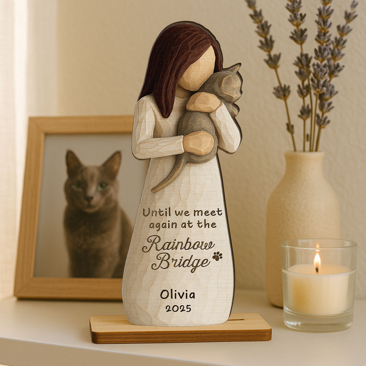 Until We Meet At Rainbow Bridge Woman & Cat 3D Effect Personalized Standing Wooden Plaque, Memorial Sympathy Gift