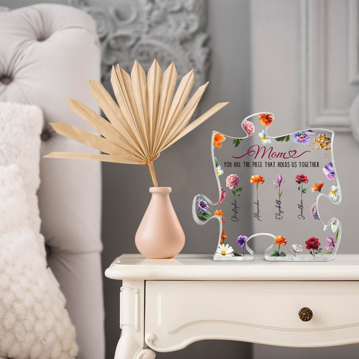 3D Effect Birth Month Flower Mom You Are The Piece That Hold Us Together Personalized Puzzle Acrylic Block Plaque