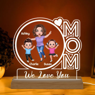 MOM We Love You Happy Woman & Kids Personalized Custom Shape Acrylic Plaque With Warm LED Night Light
