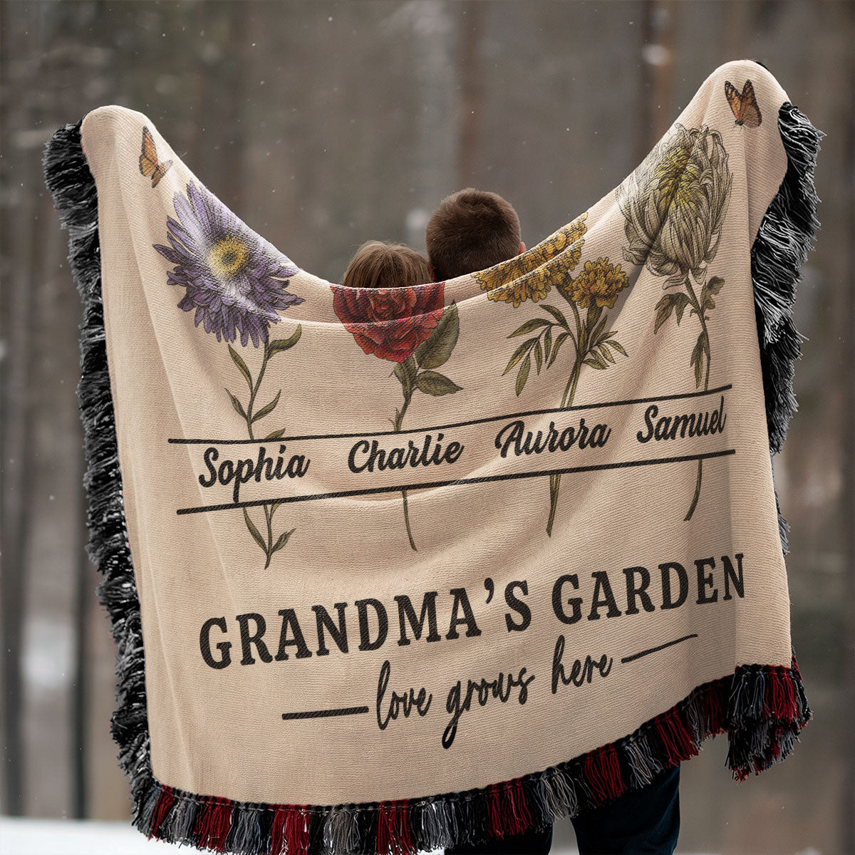 Grandma's Garden Love Grows Here Beautiful Vintage Birth Month Flowers Personalized Tapestry Woven Blanket