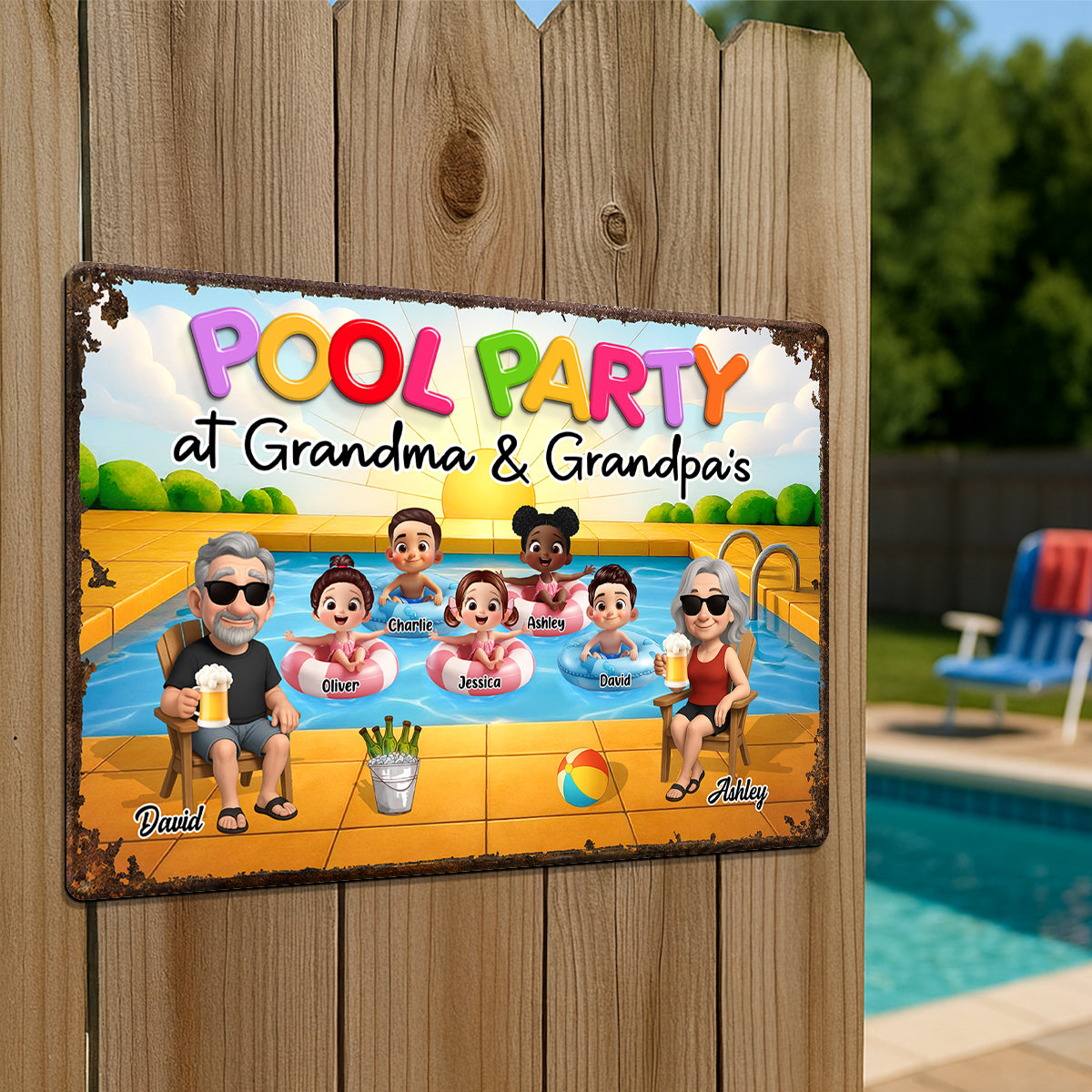 Pool Party At Grandma Grandpa Personalized Metal Sign, Grandparents Hosting Grandkids