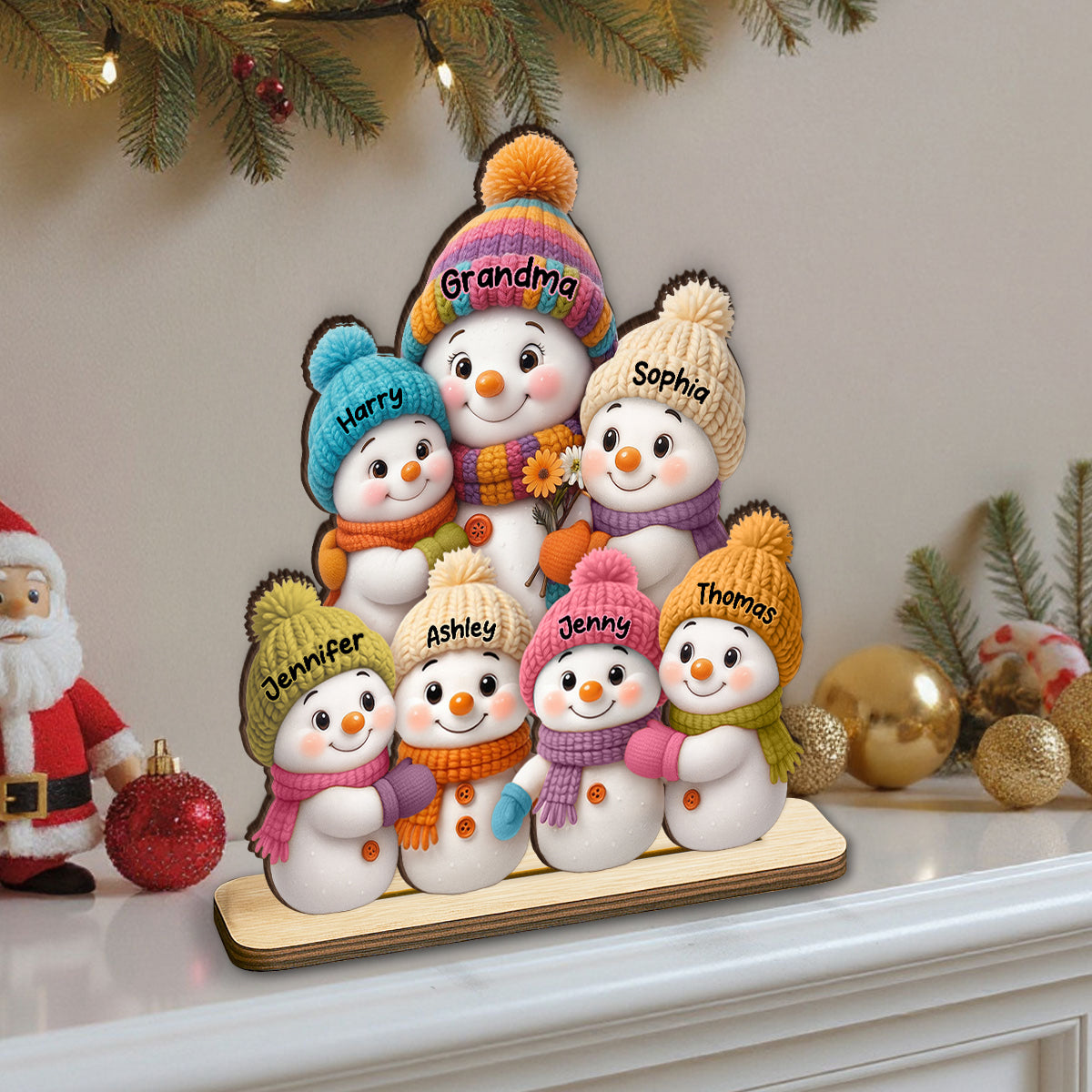 Snowman Grandma and Grandkids - Personalized Wooden Plaque - Fireplace Decor, Christmas Table Centerpiece