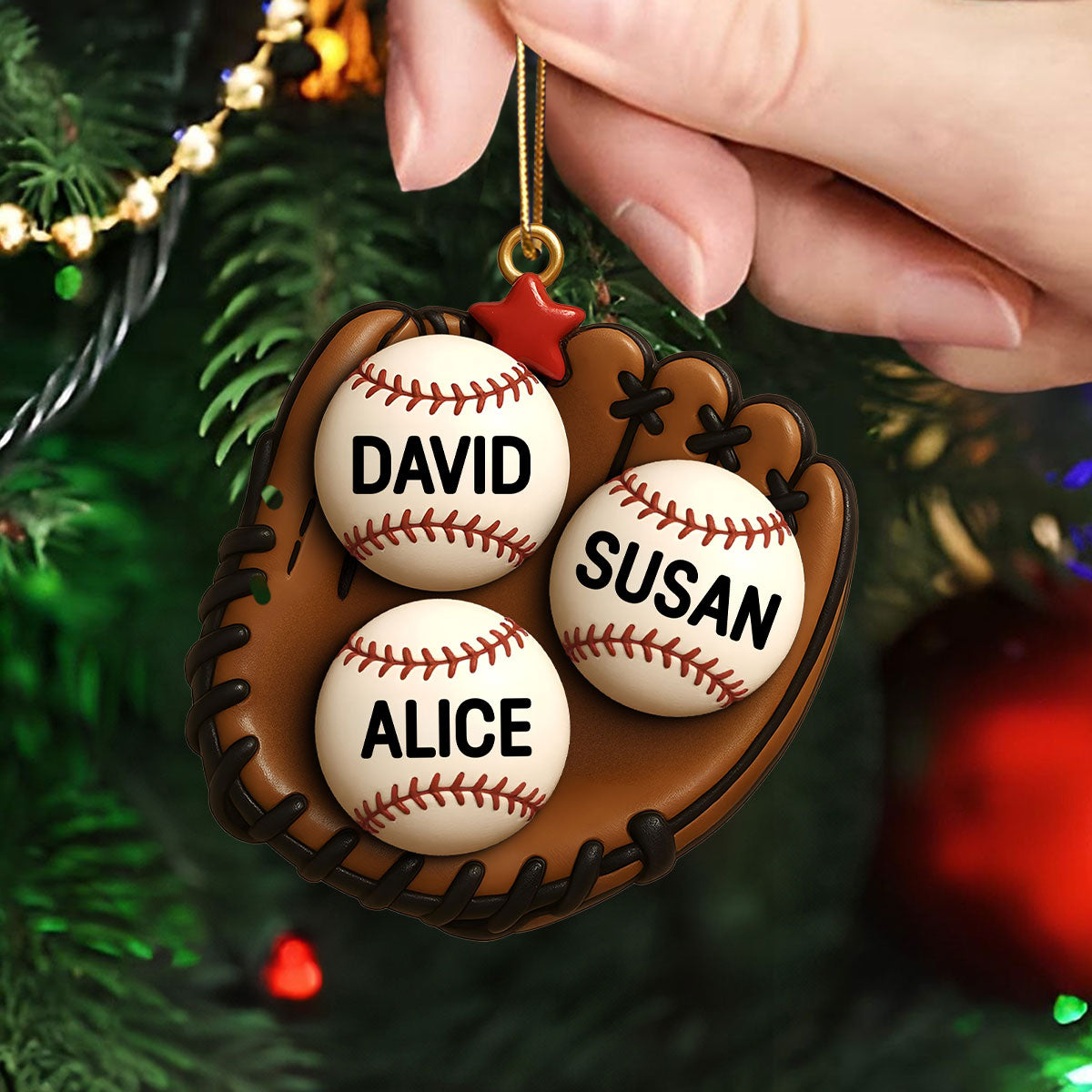 3D Effect Baseball, Softball Gloves Family Members' Names Personalized Acrylic Ornament, Christmas Tree Decoration