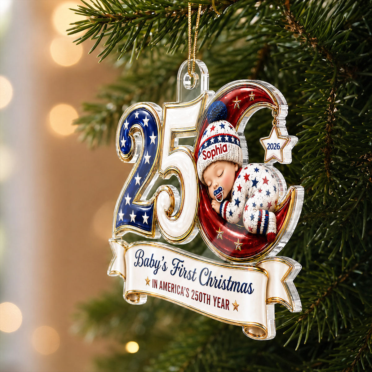 Baby’s First Christmas 2026 2D Flat - Personalized Acrylic Ornament - 250 Years of America Patriotic Keepsake