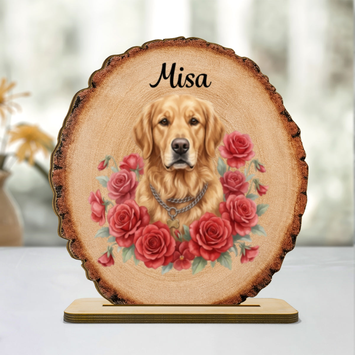 Custom Pet Portrait And Flowers - Personalized 2-Layered Wooden Plaque - Memorial Gift For Pet Lovers