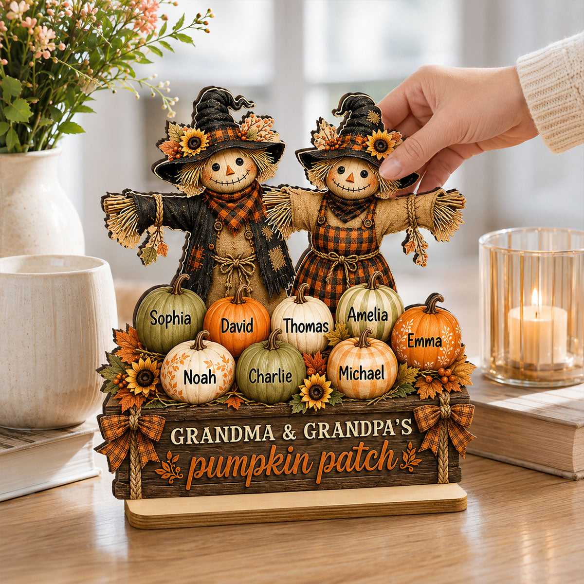 Grandma Grandpa Pumpkin Patch Scarecrow - Personalized 2-Layered Wooden Plaque - Cozy Fall Decor for Grandparents