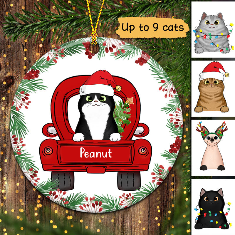 Christmas Holly Branch Fluffy Cats On Truck Personalized Circle Ornament