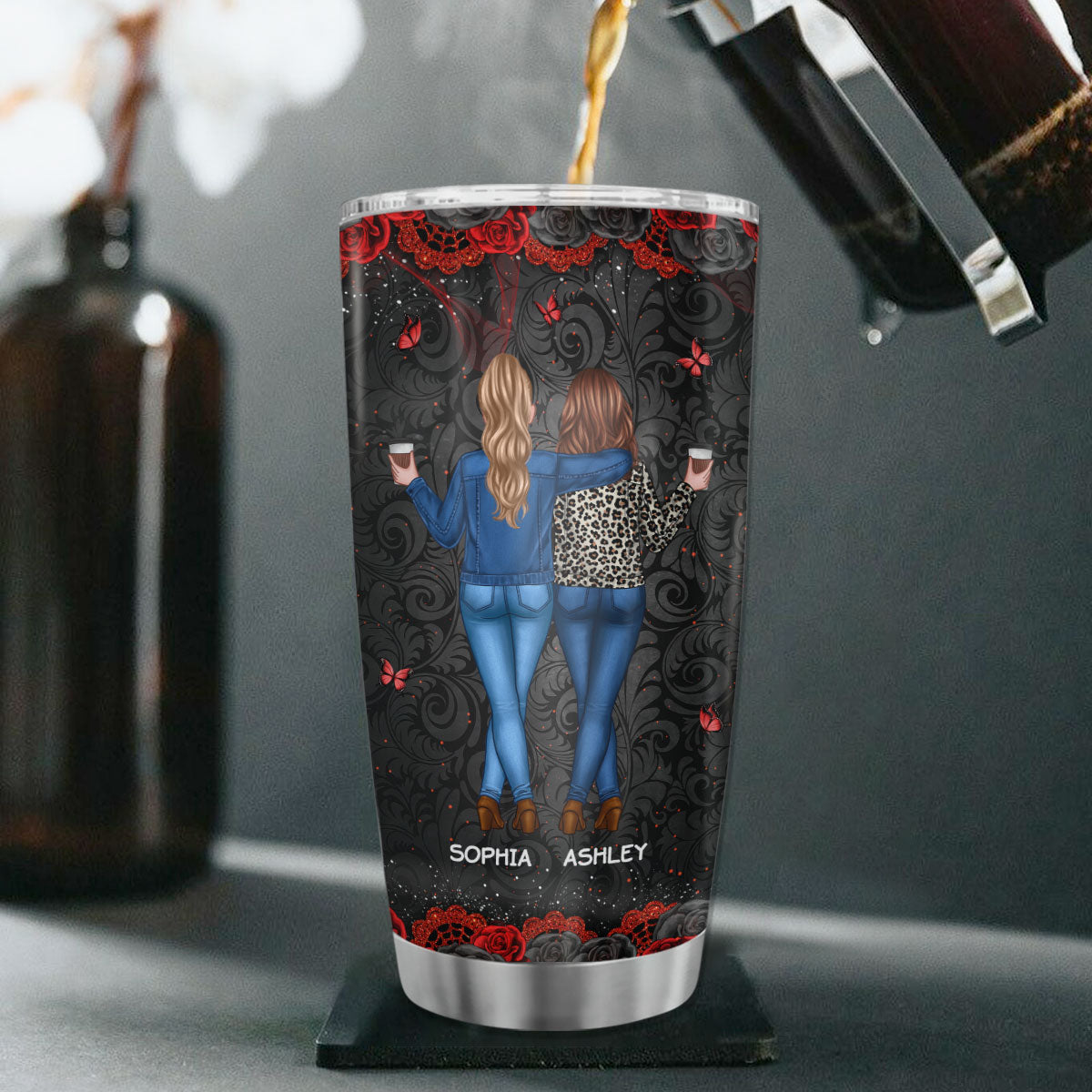 I'd Punch A Bitch For You Gift For Besties Black & Red Roses Personalized Tumbler